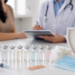 Vaccine vials, syringe, and medical supplies on a clinic desk during an immigration medical exam consultation with doctor and patient in background.