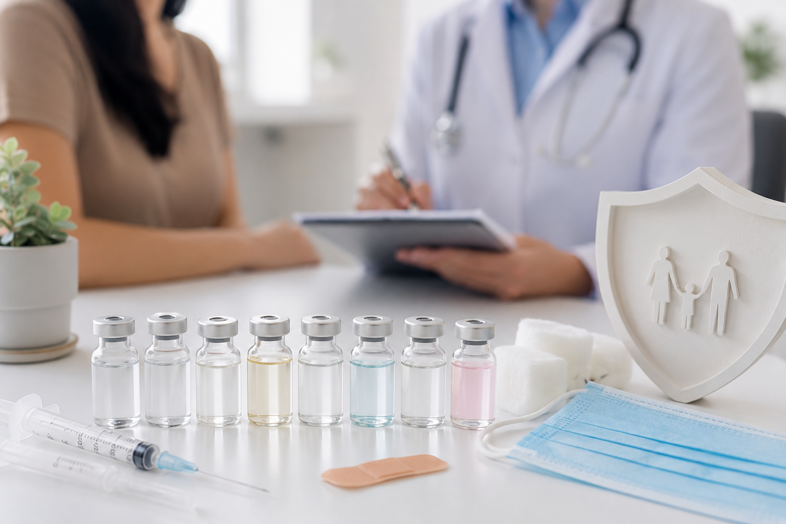 Vaccine vials, syringe, and medical supplies on a clinic desk during an immigration medical exam consultation with doctor and patient in background.