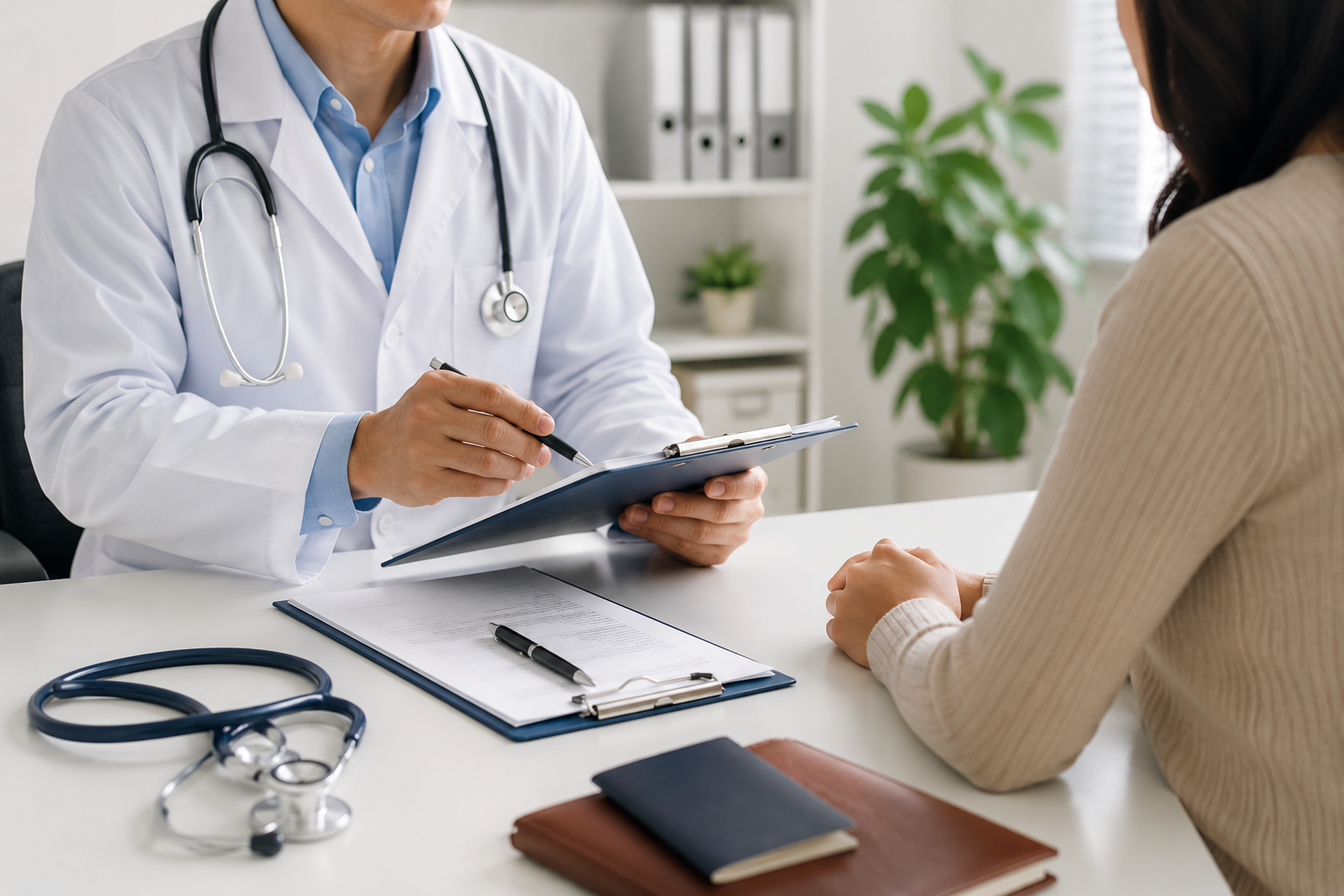 USCIS civil surgeon reviewing immigration medical exam paperwork with a patient during a Form I-693 consultation in a medical office.