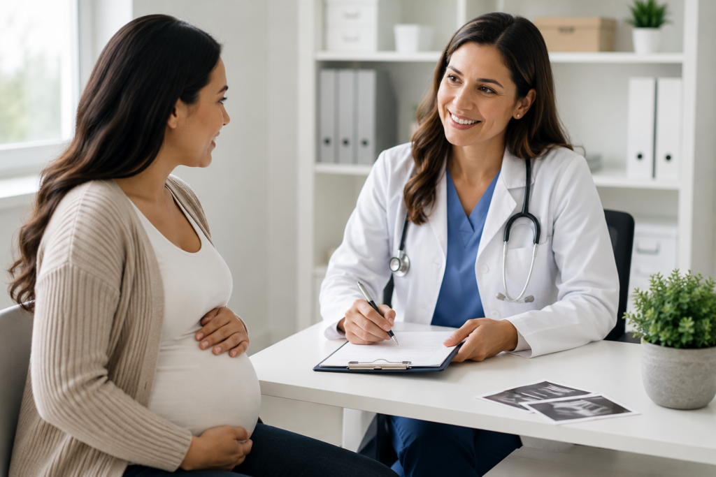 Pregnant woman meeting with a USCIS civil surgeon during an immigration medical exam consultation in a modern medical clinic.