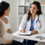 Pregnant woman meeting with a USCIS civil surgeon during an immigration medical exam consultation in a modern medical clinic.