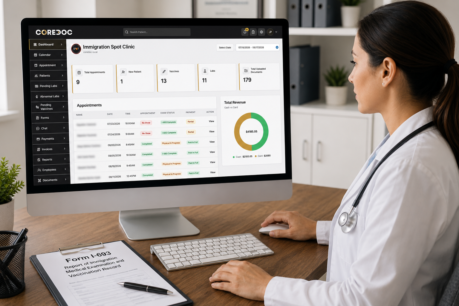 Civil surgeon using the CoreDoc platform to manage immigration medical exam appointments, labs, vaccines, and Form I-693 workflows.