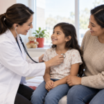 Doctor performing an immigration medical exam on a smiling child while her mother provides support in a bright clinic.