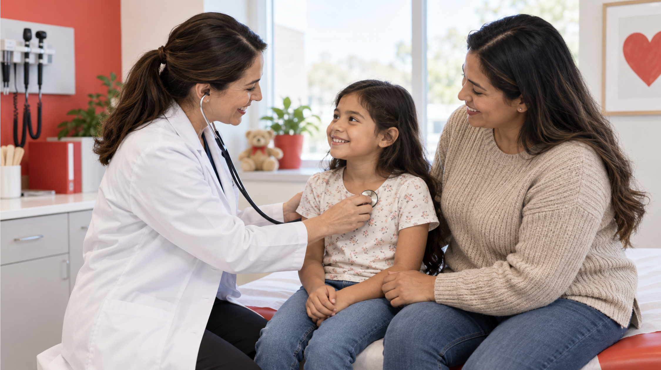 Doctor performing an immigration medical exam on a smiling child while her mother provides support in a bright clinic.