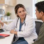 USCIS civil surgeon reviewing a chest X-ray with a patient during an immigration medical exam.