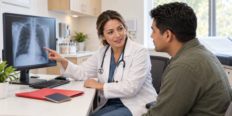 USCIS civil surgeon reviewing a chest X-ray with a patient during an immigration medical exam.