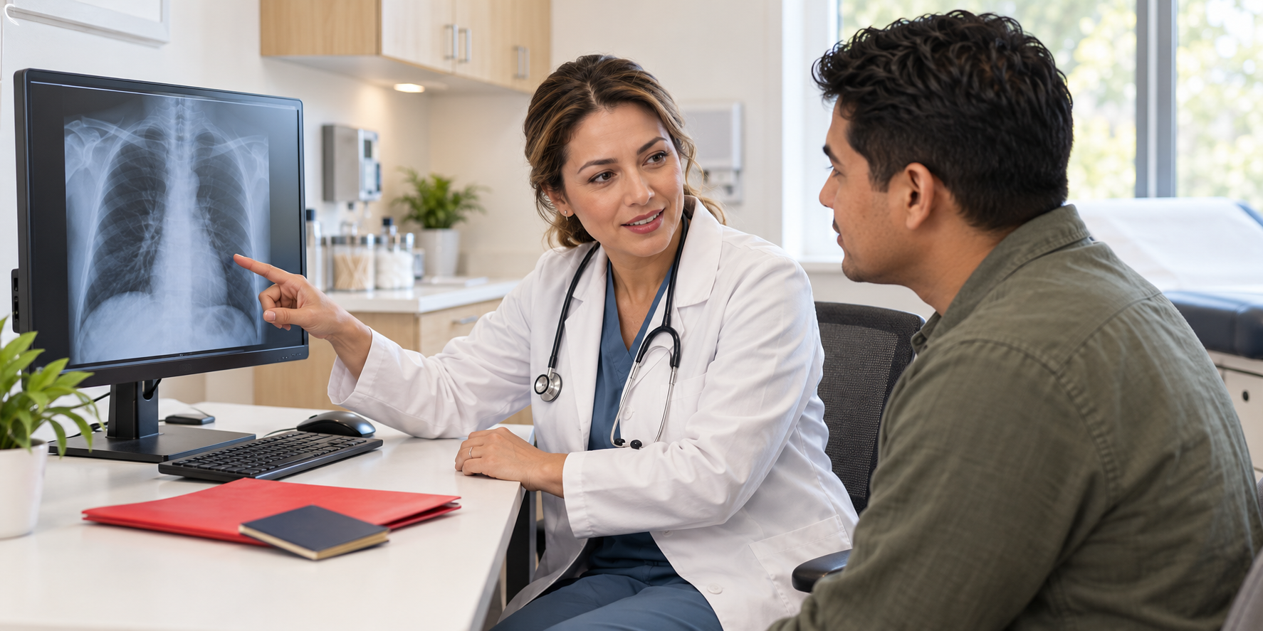 USCIS civil surgeon reviewing a chest X-ray with a patient during an immigration medical exam.